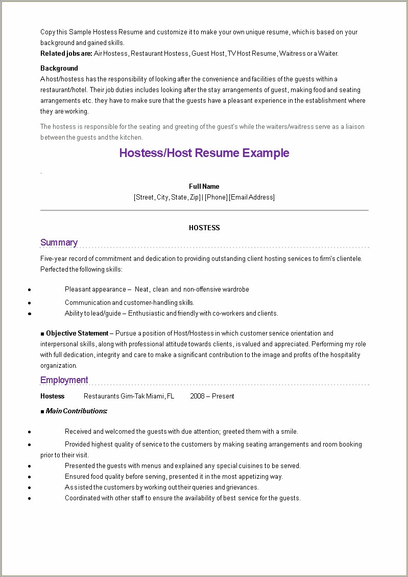 Sample Objective For Resume Restaurant Server