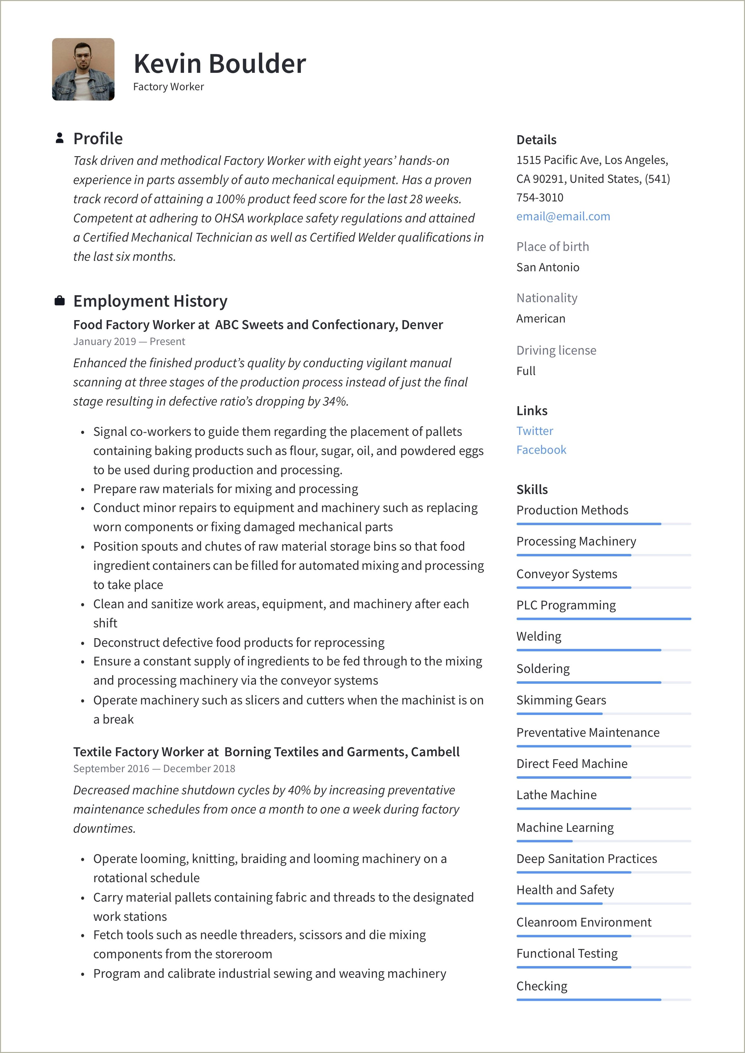 Sample Objective In Resume For Factory Worker