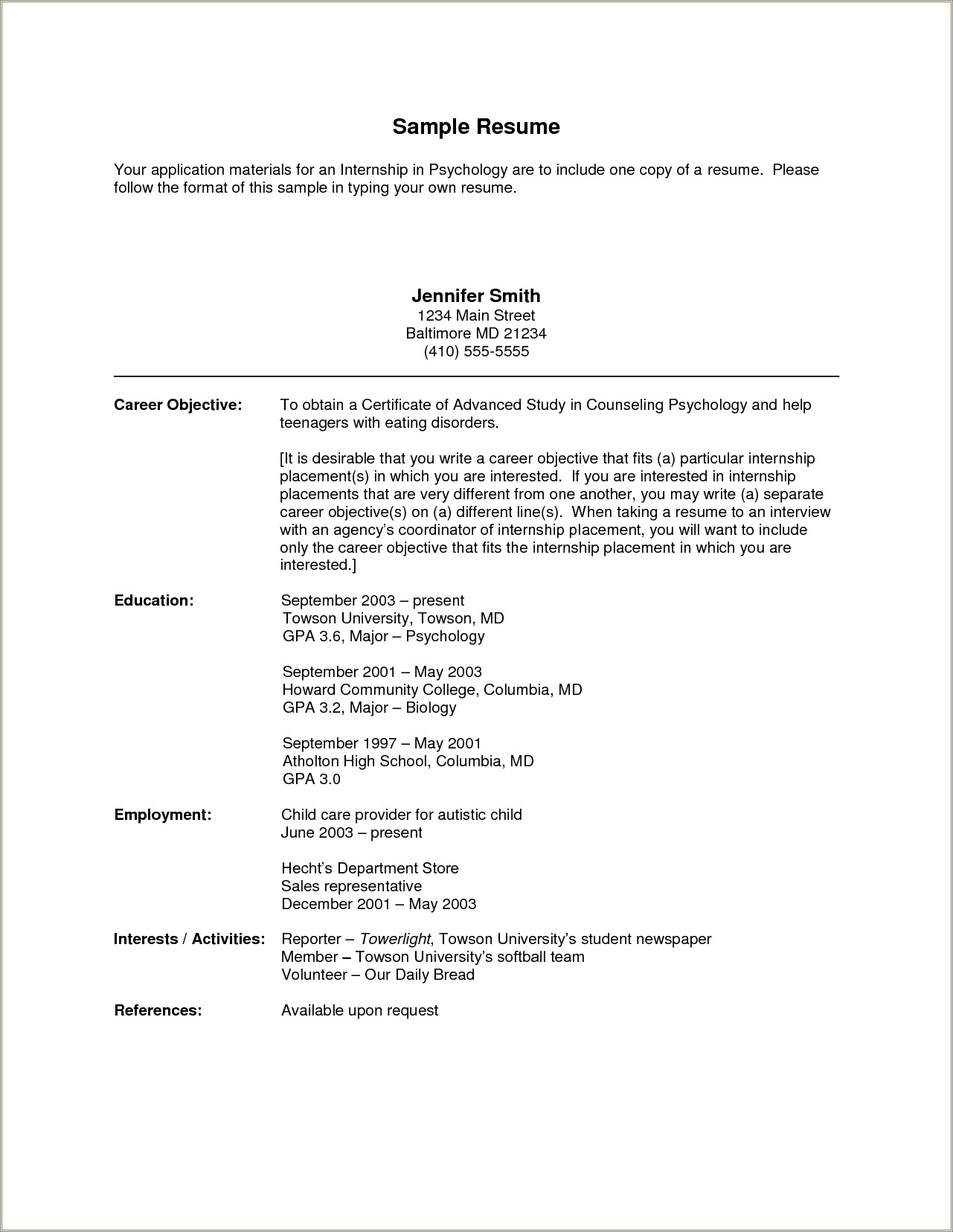 Sample Objective Statement For Internship Resume