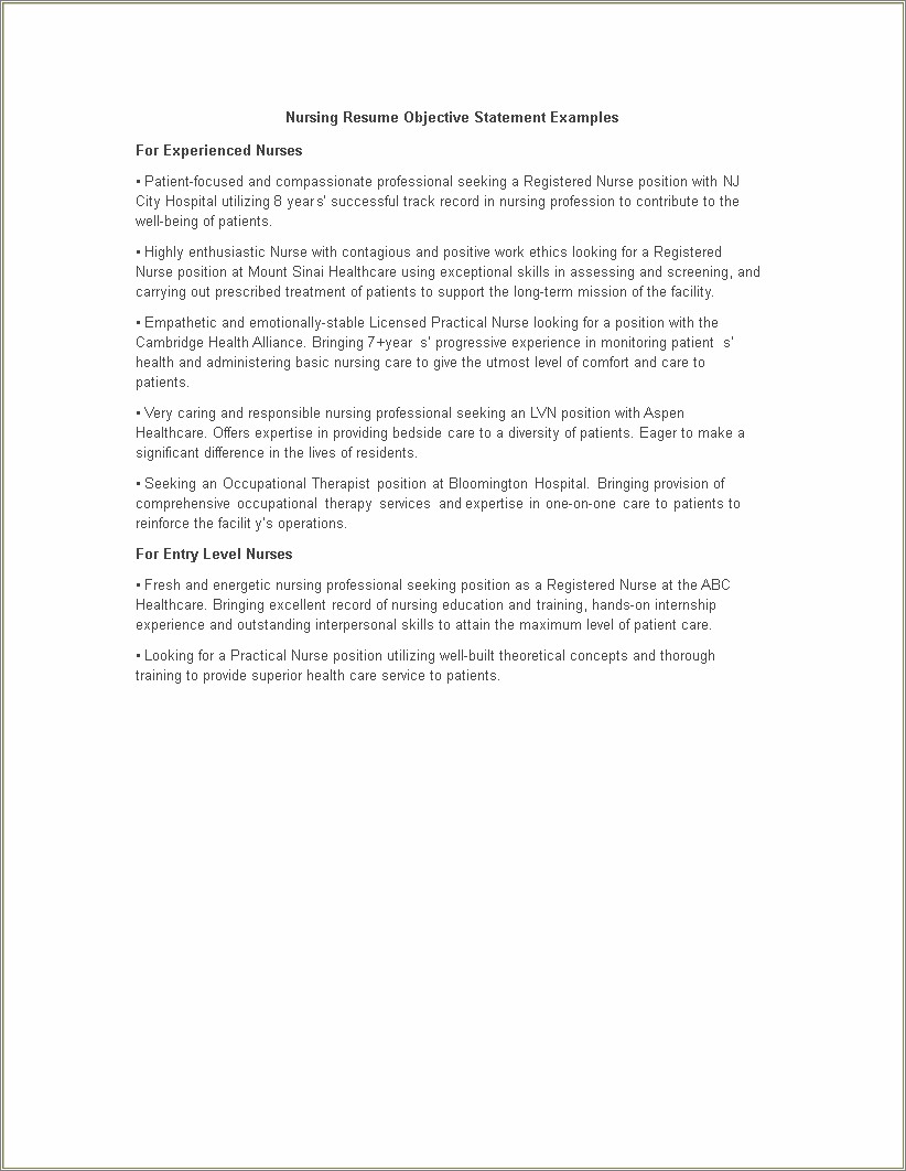 Sample Objective Statements For Nursing Resumes