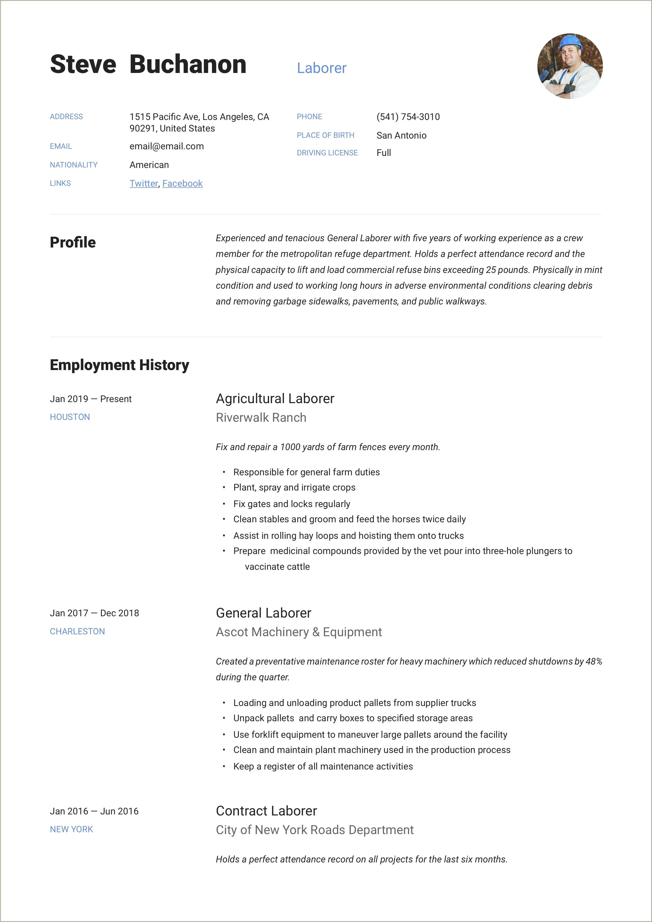 Sample Objectives For A Resume For A Laborer