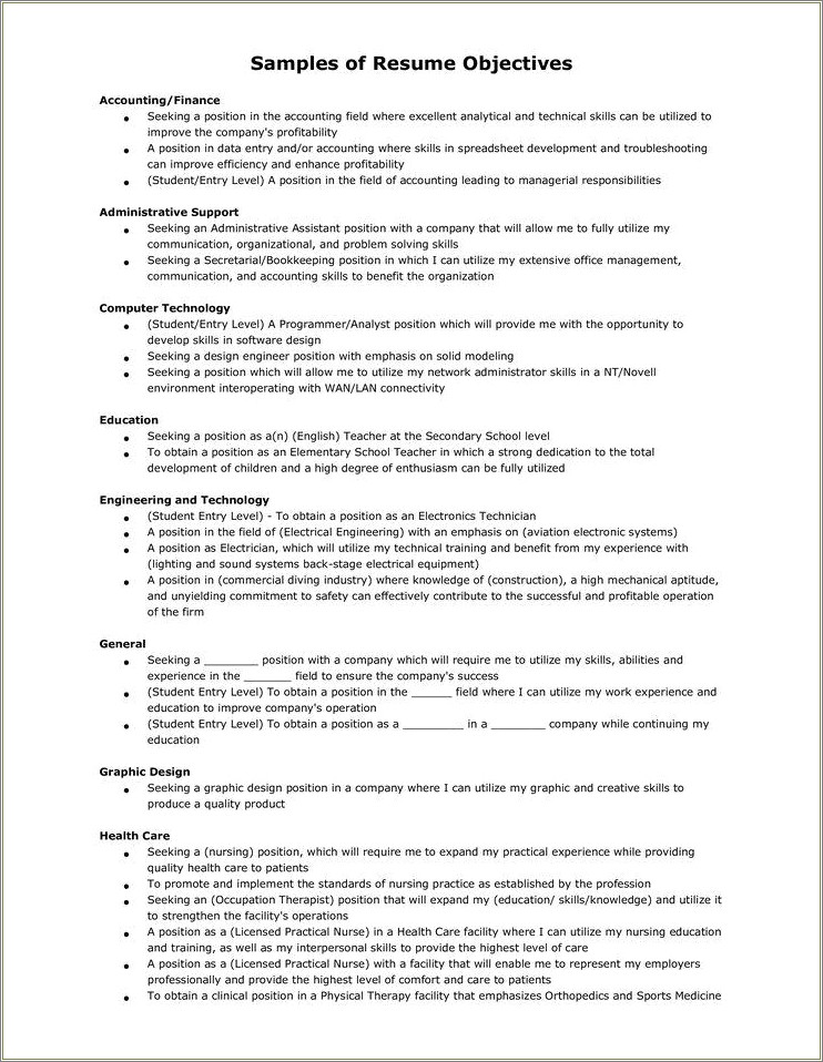 Sample Objectives For Resume For Students