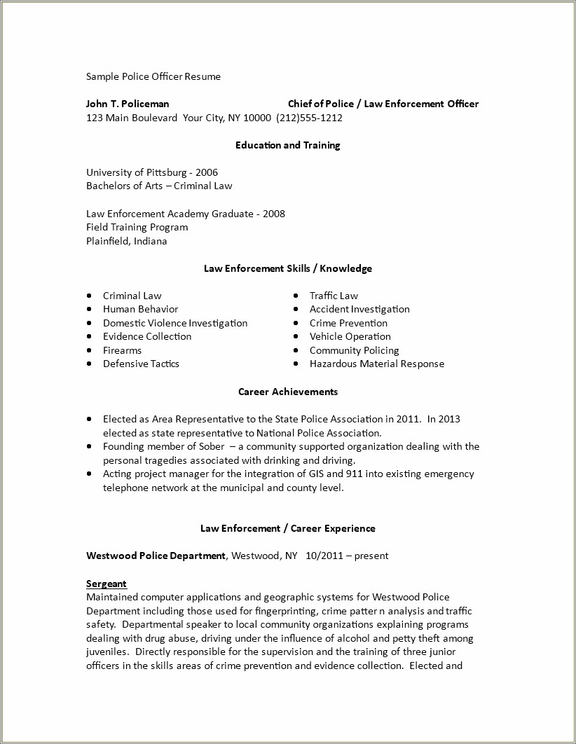 Sample Objectives For Resumes Law Enforcement