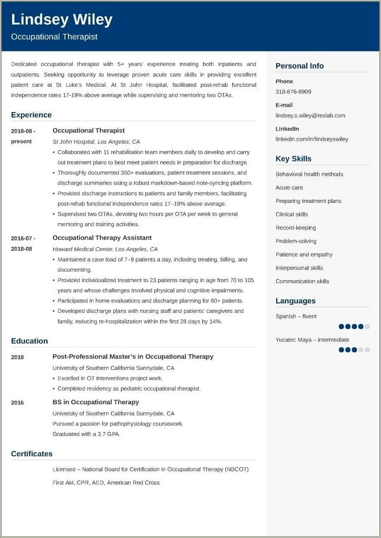 Sample Occupational Therapy Assistant Student Resume