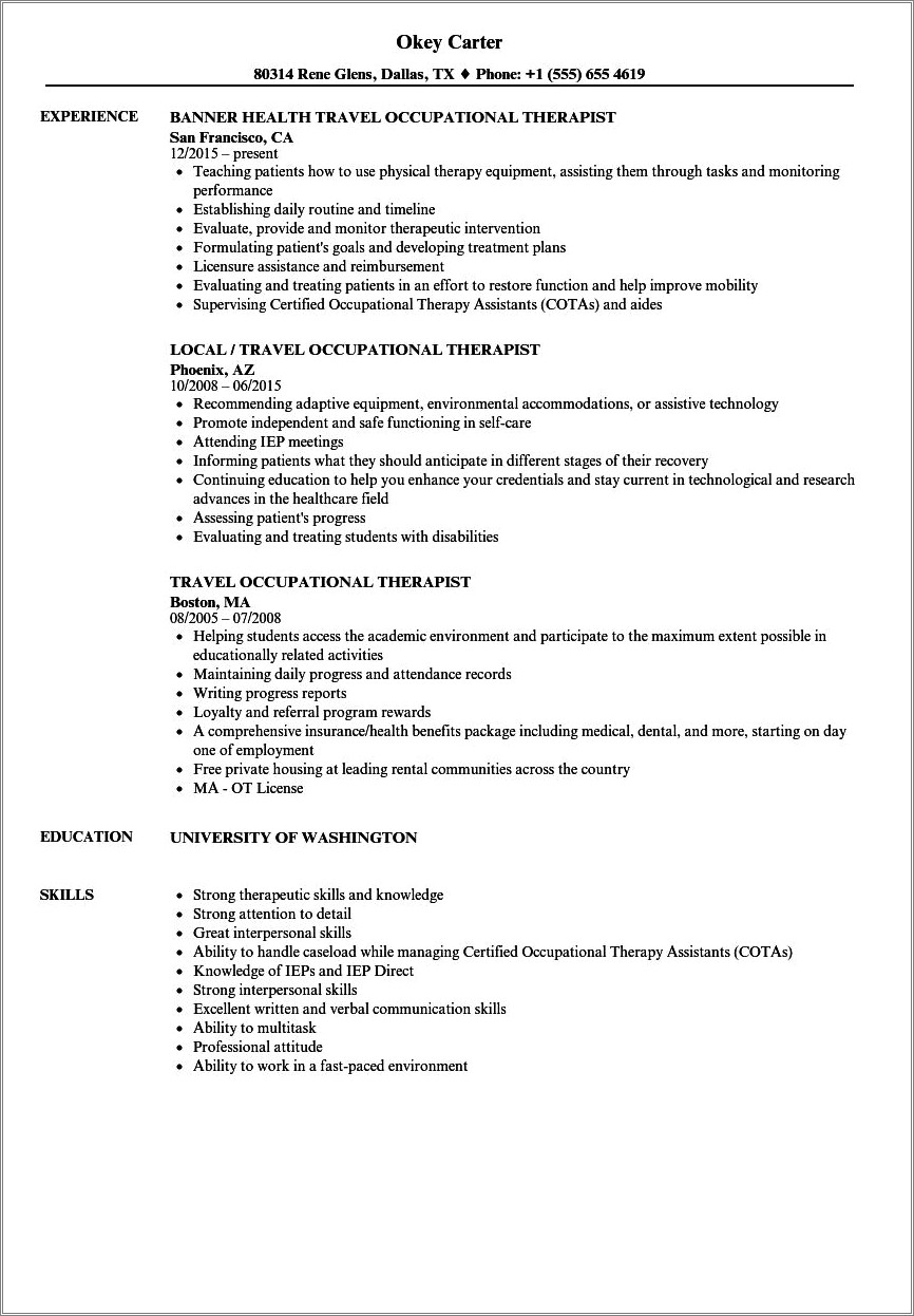 Sample Occupational Therapy Resume New Grad