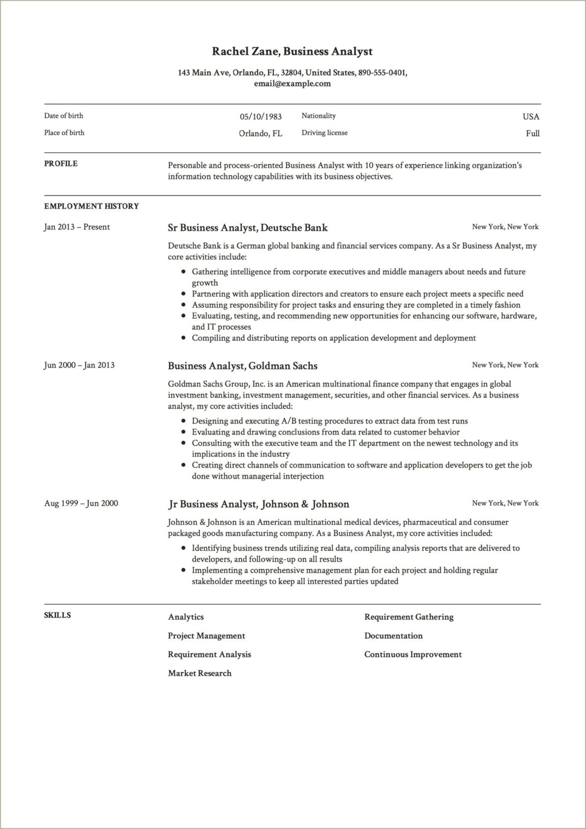 Sample Of A Business Analyst Resume