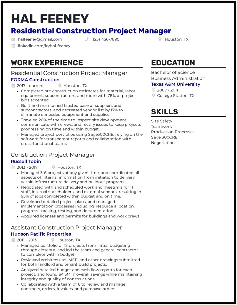 Sample Of A Construction Supervisor Resume