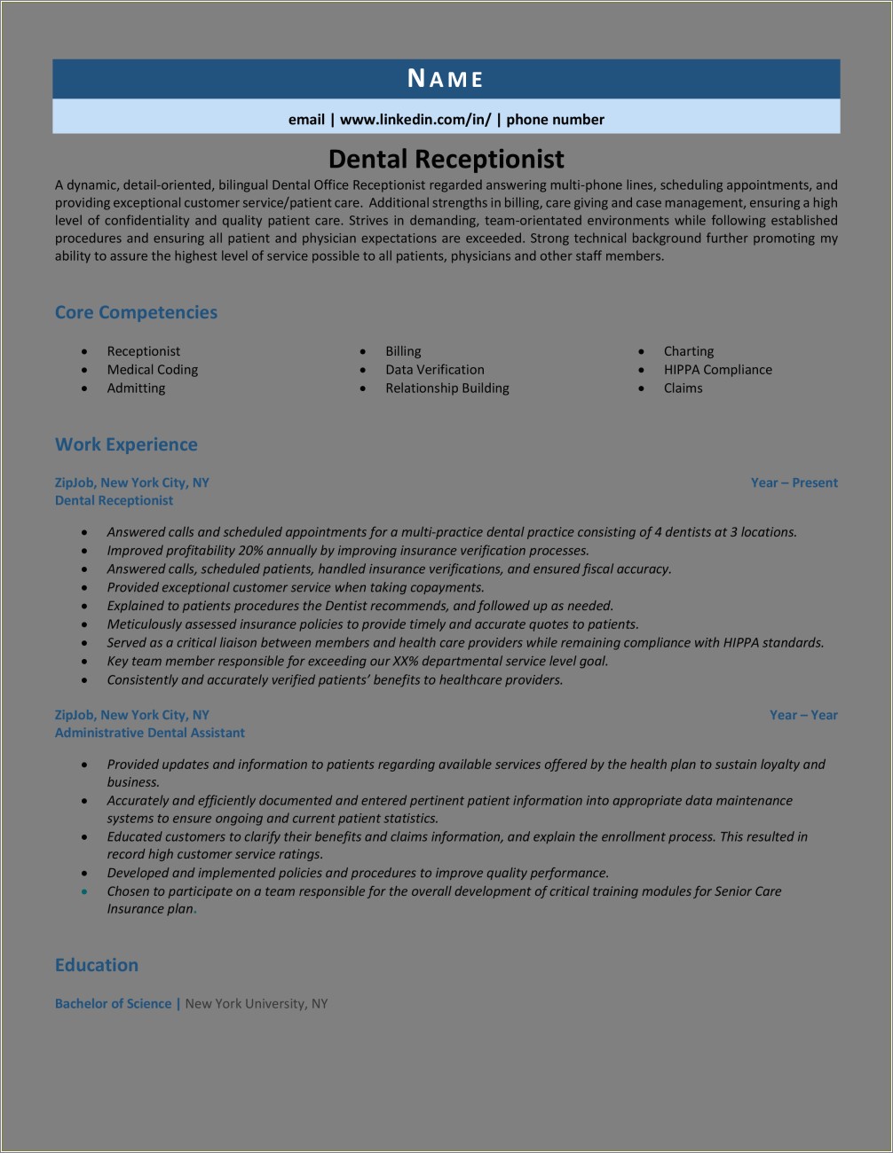 Sample Of A Dentdist Front Desk Resume