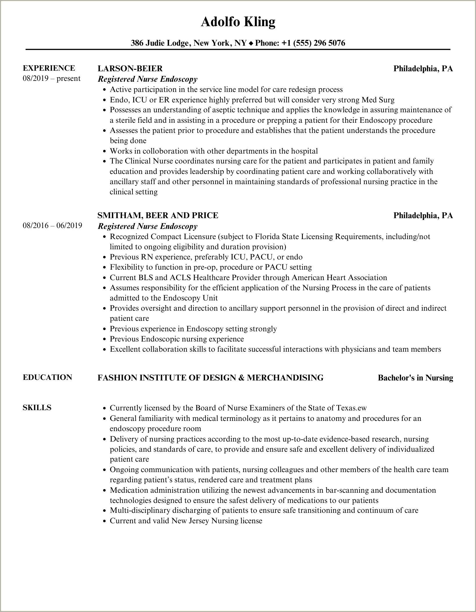 Sample Of A Gi Nurse Resume