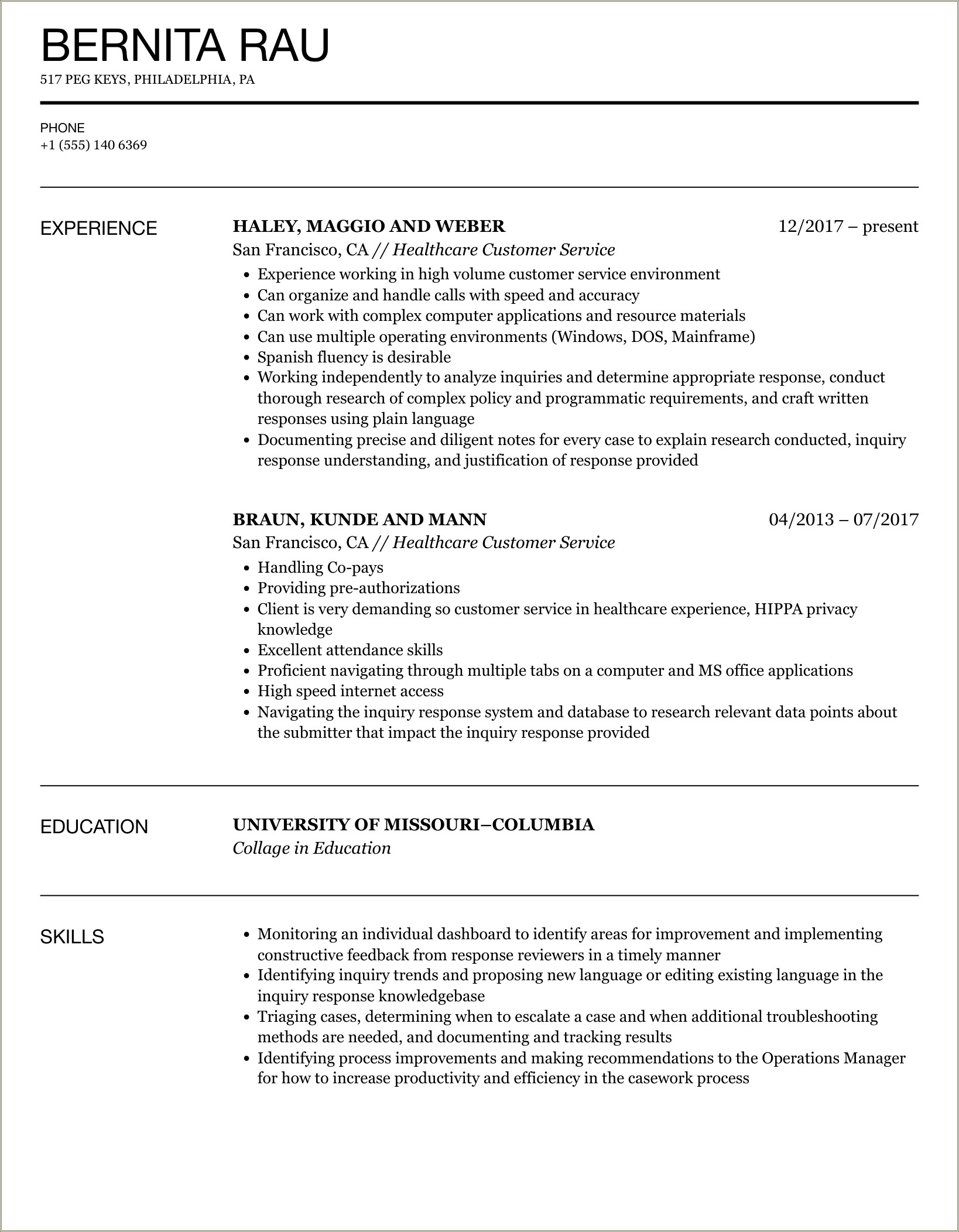 Sample Of A Great Customer Service Resume