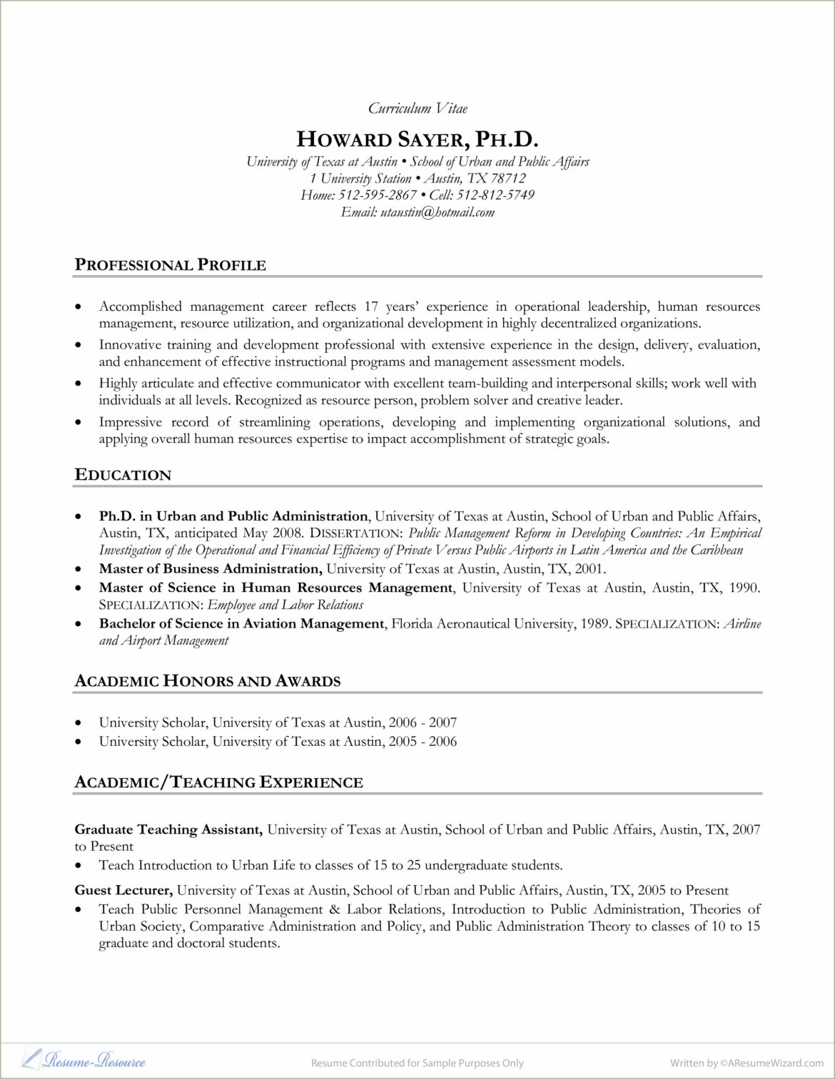 Sample Of A Human Resources Teacher Resume