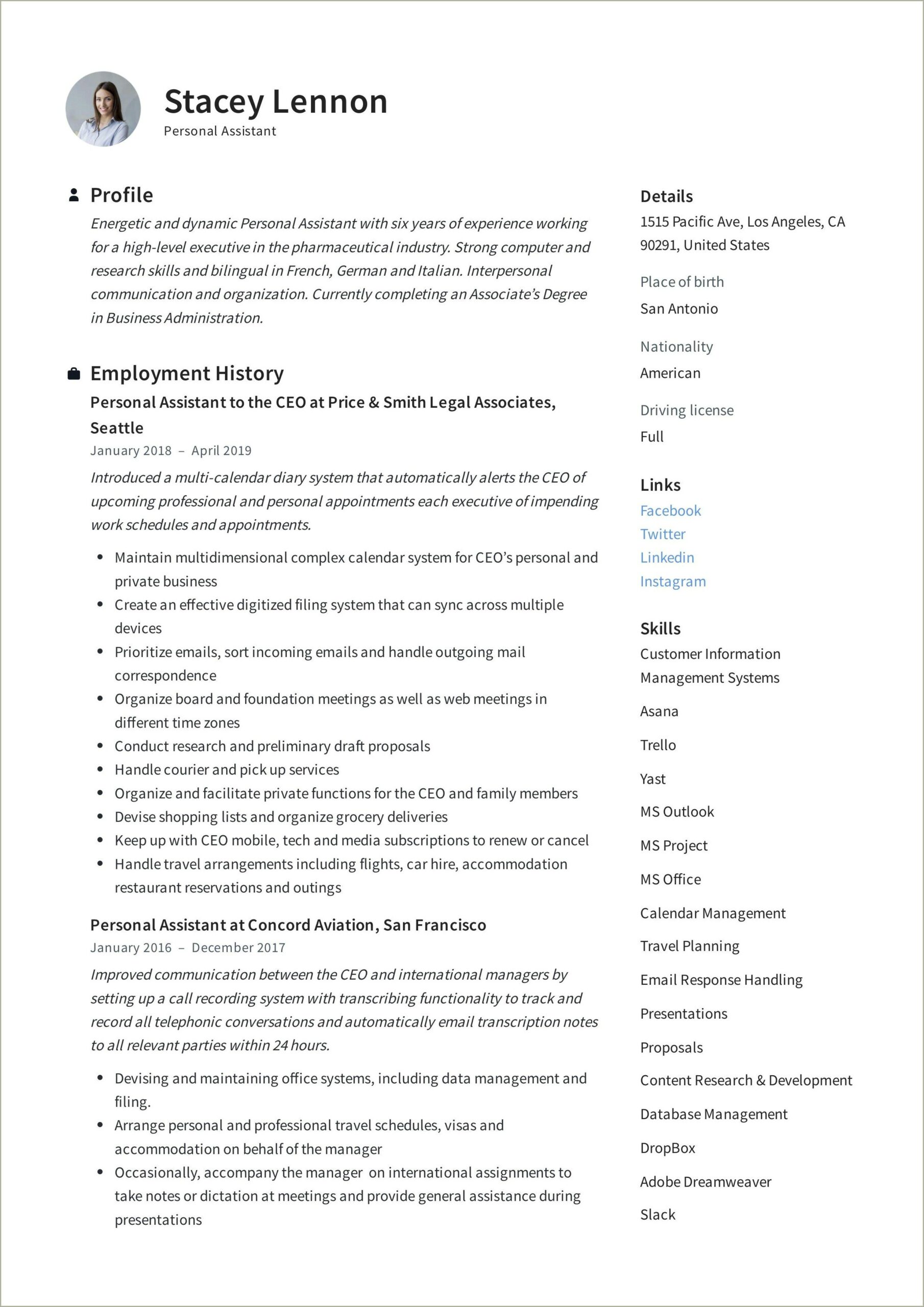 Sample Of A Personal Assistant Resume Pdf