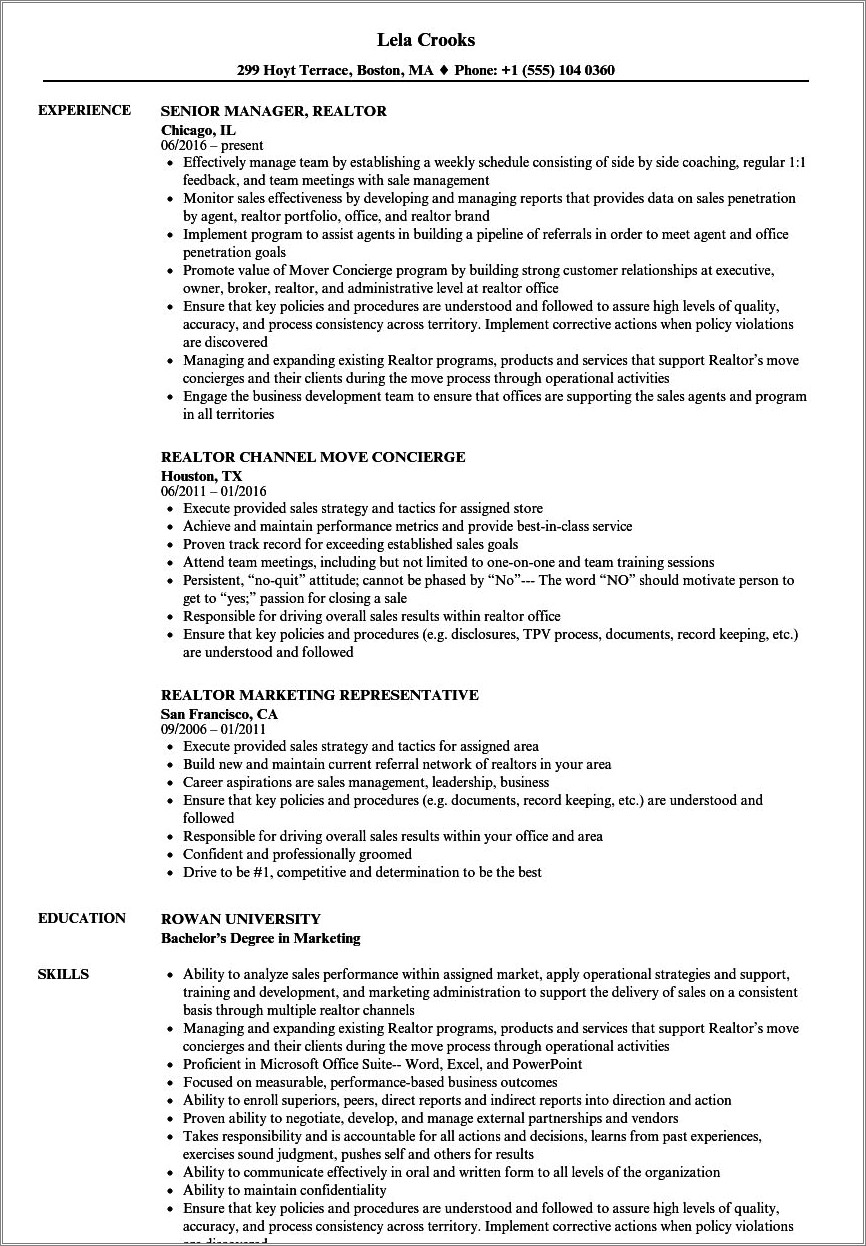 Sample Of A Realtor's Resume