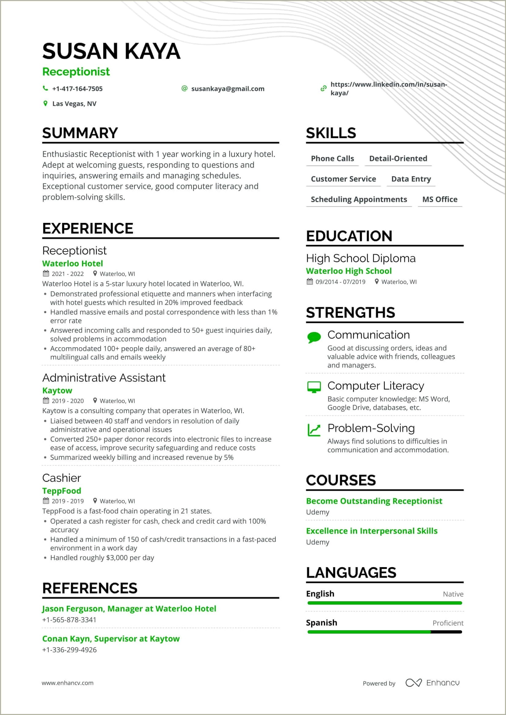 Sample Of A Resume For Receptionist