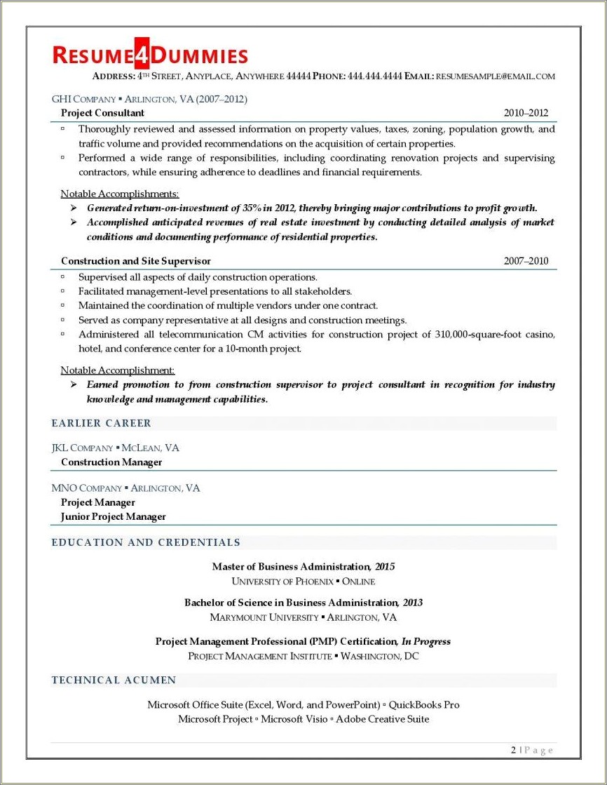 Sample Of A Resume Of A Project Manager