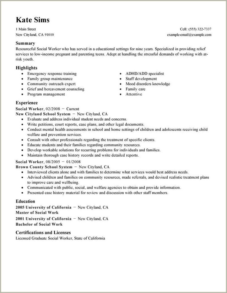 Sample Of A Social Work Resume