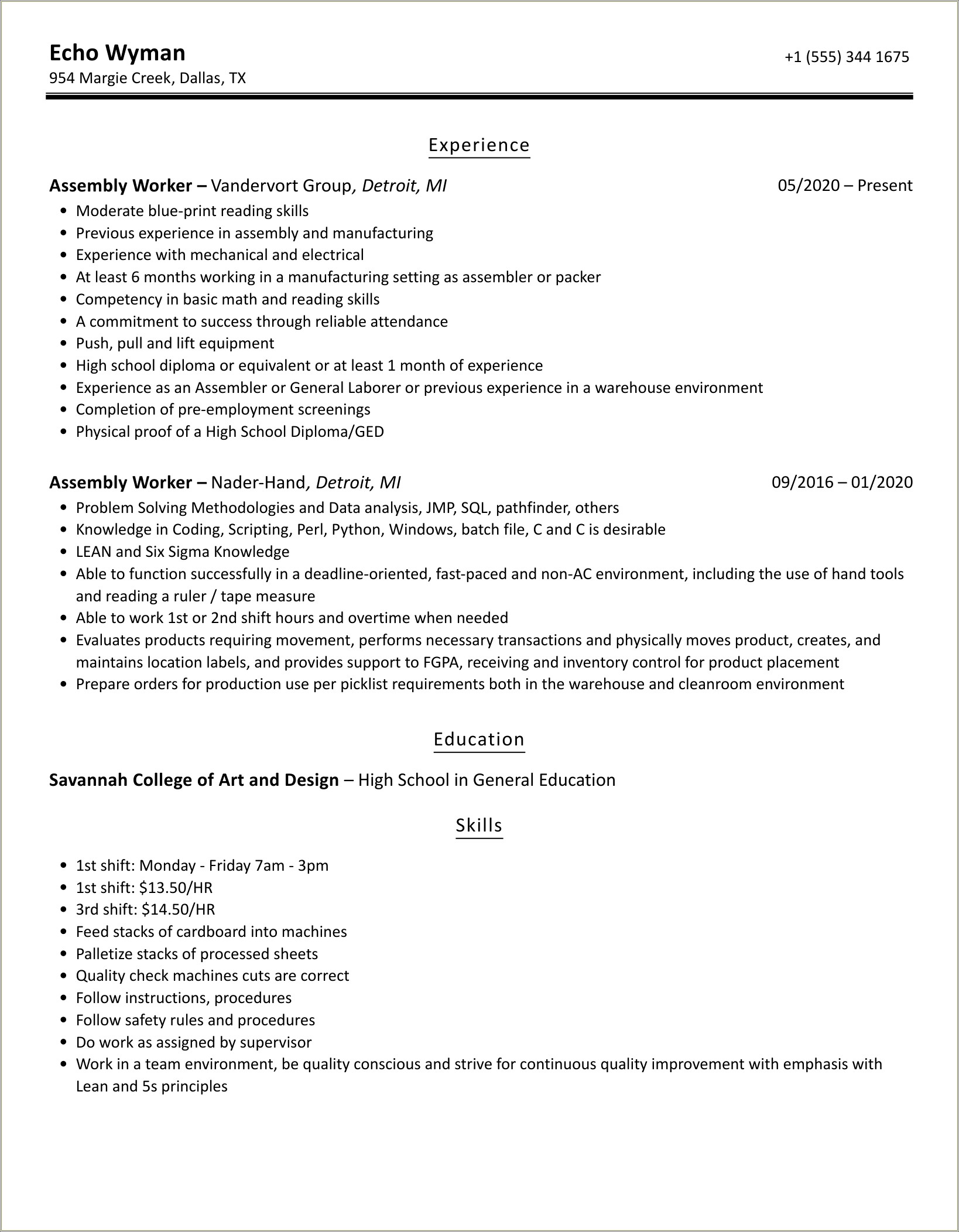 Sample Of Assembly Line Worker Resume