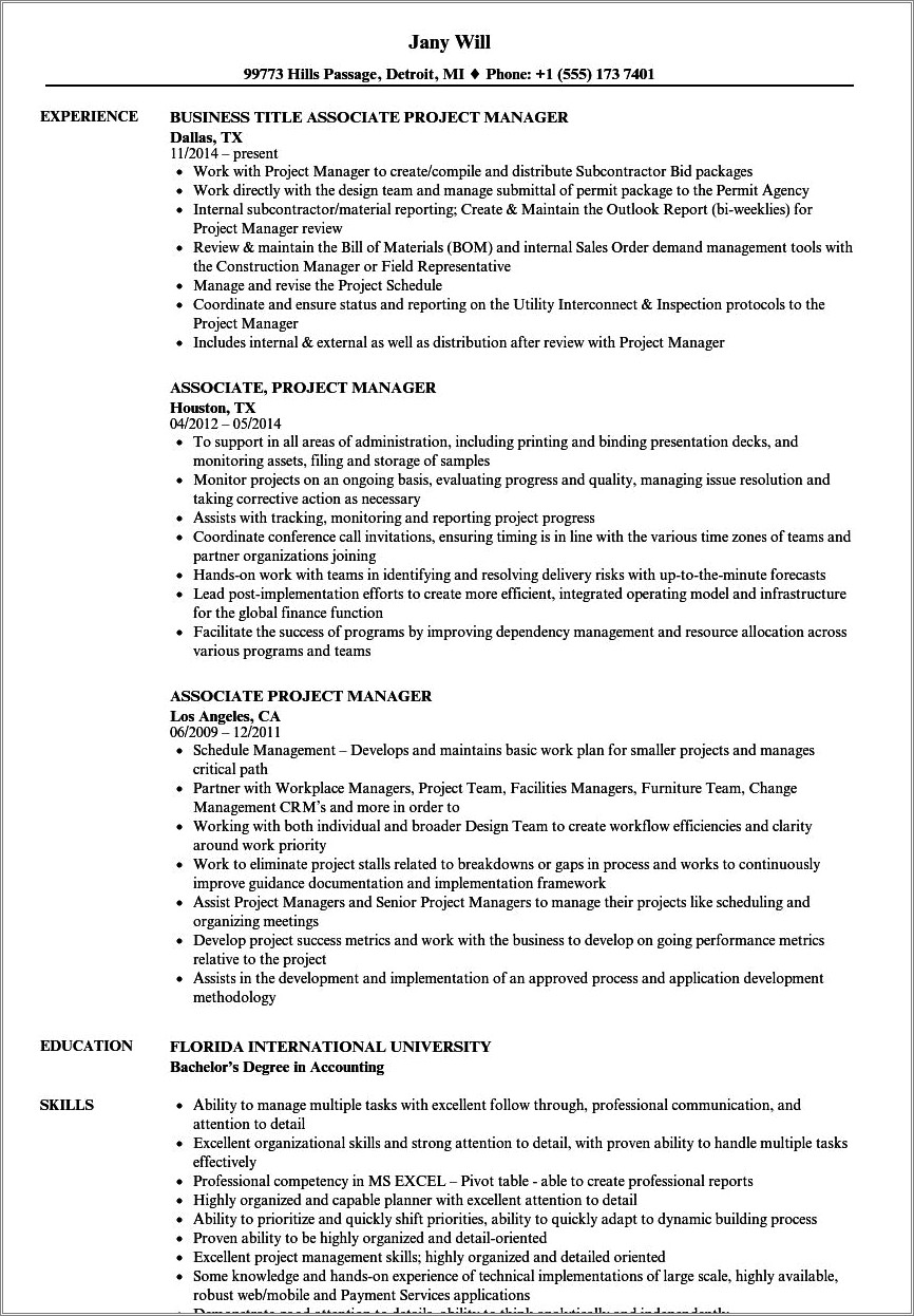 Sample Of Associate Project Manager Resume