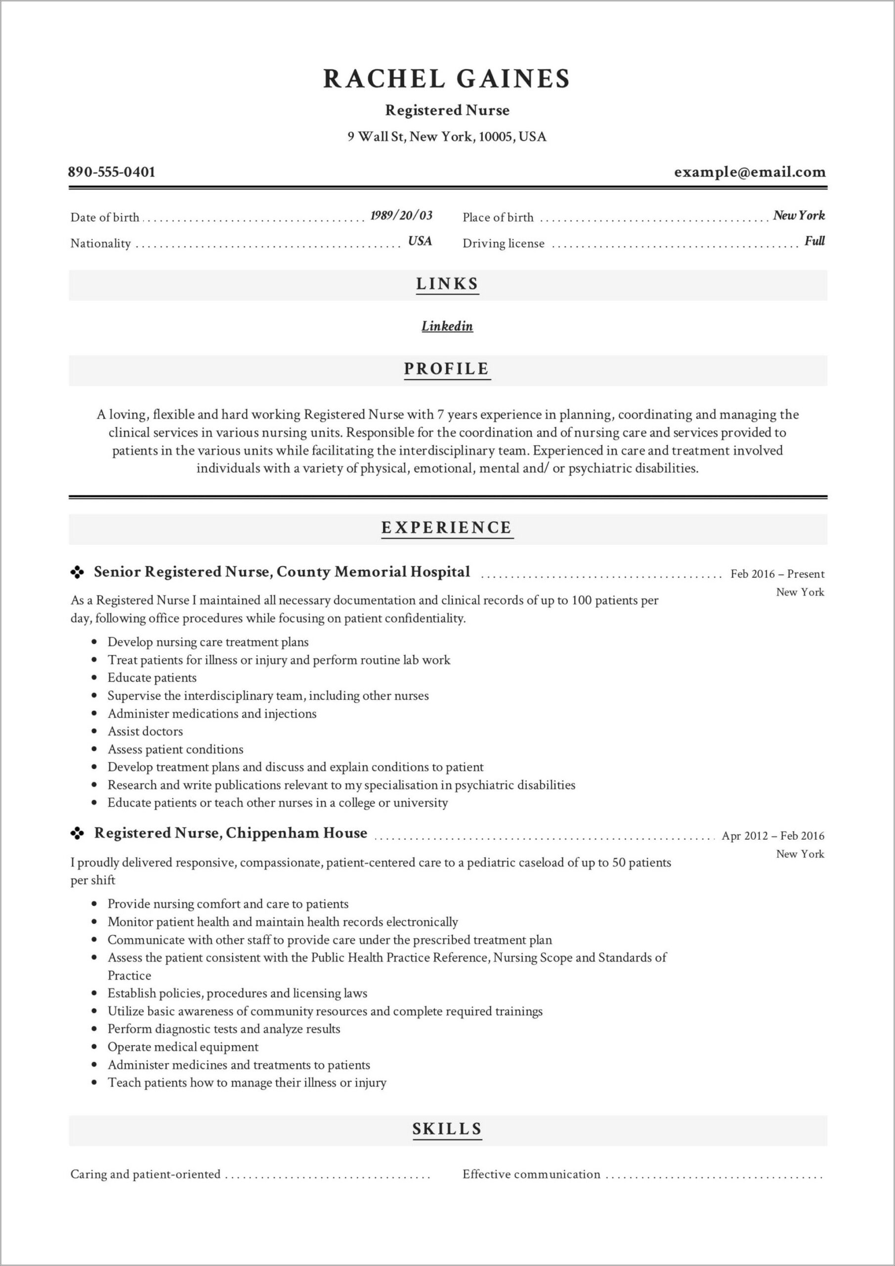 Sample Of Chronological Resume For Nurses