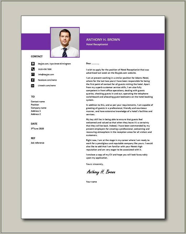Sample Of Cover Letter For Receptionist Resume
