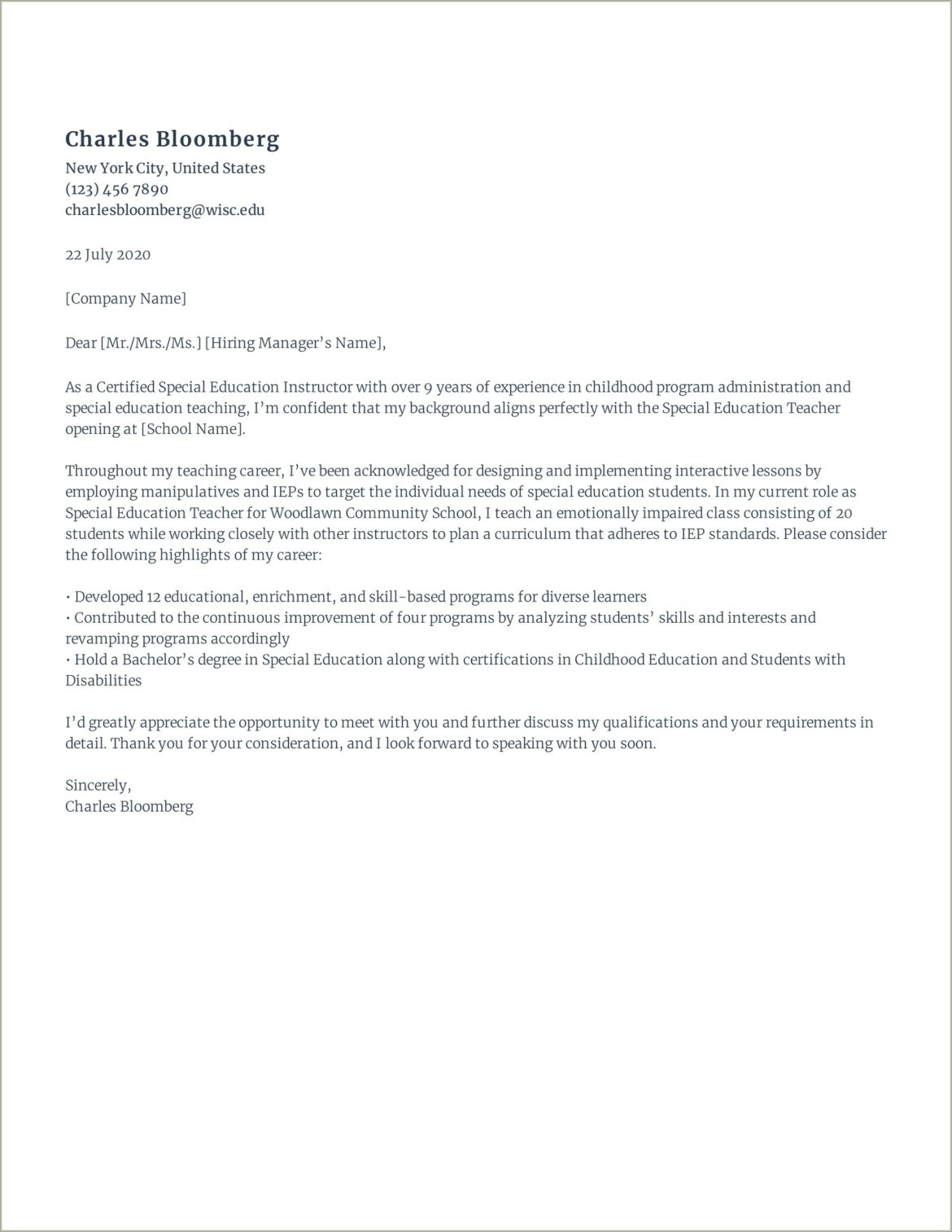 Sample Of Cover Letter For Resume For Teacher