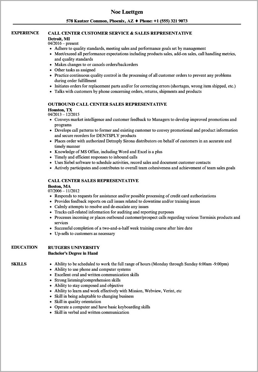 Sample Of Customer Service Call Center Resume