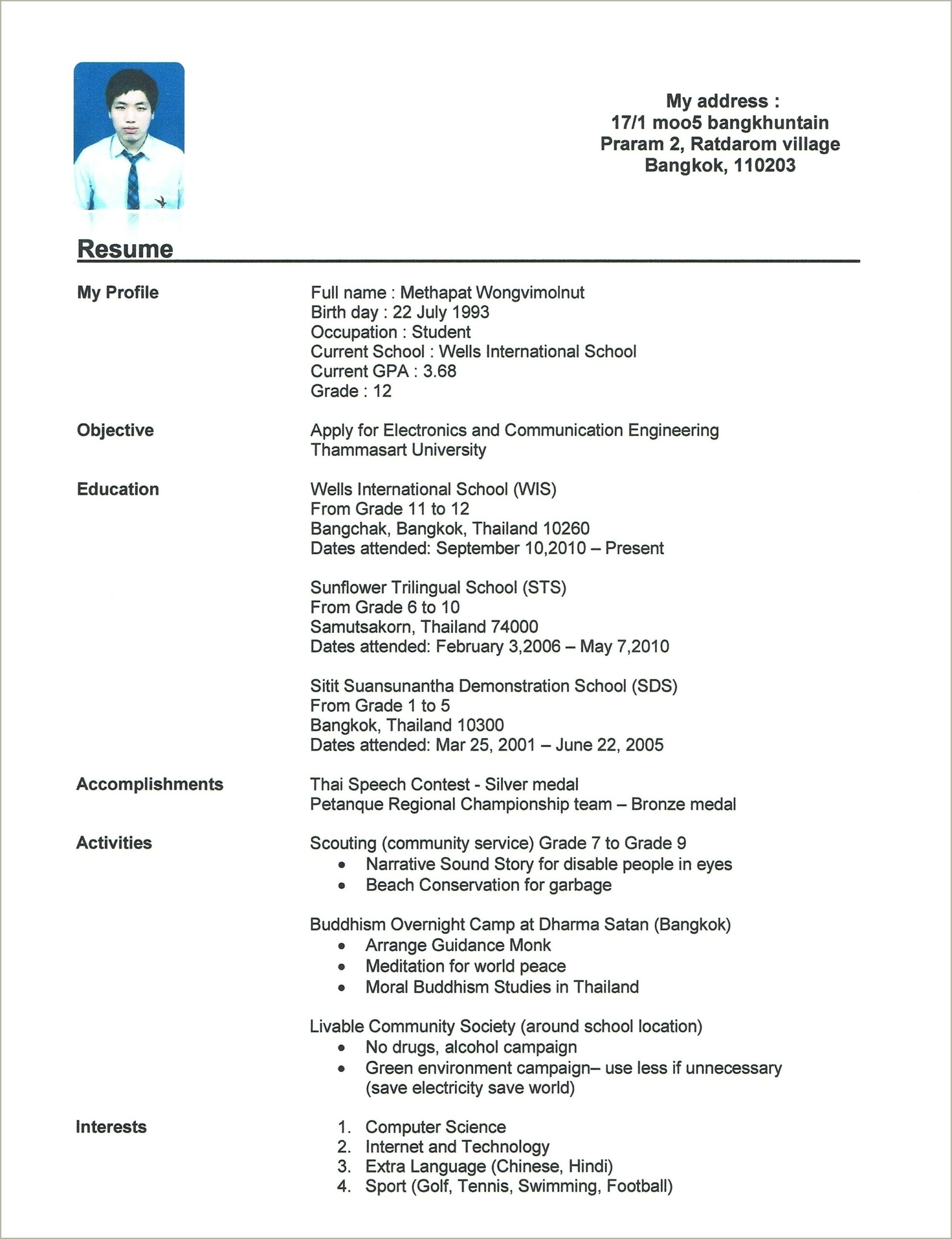 Sample Of Golf Resume For Job Application