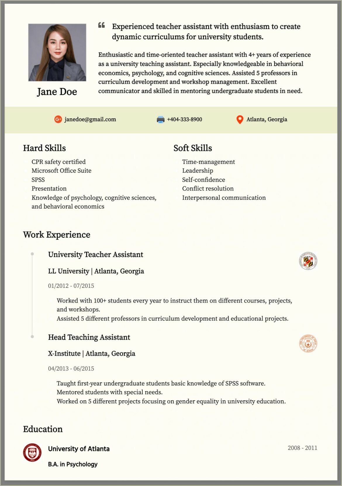 Sample Of Good Resume For Teaching Job