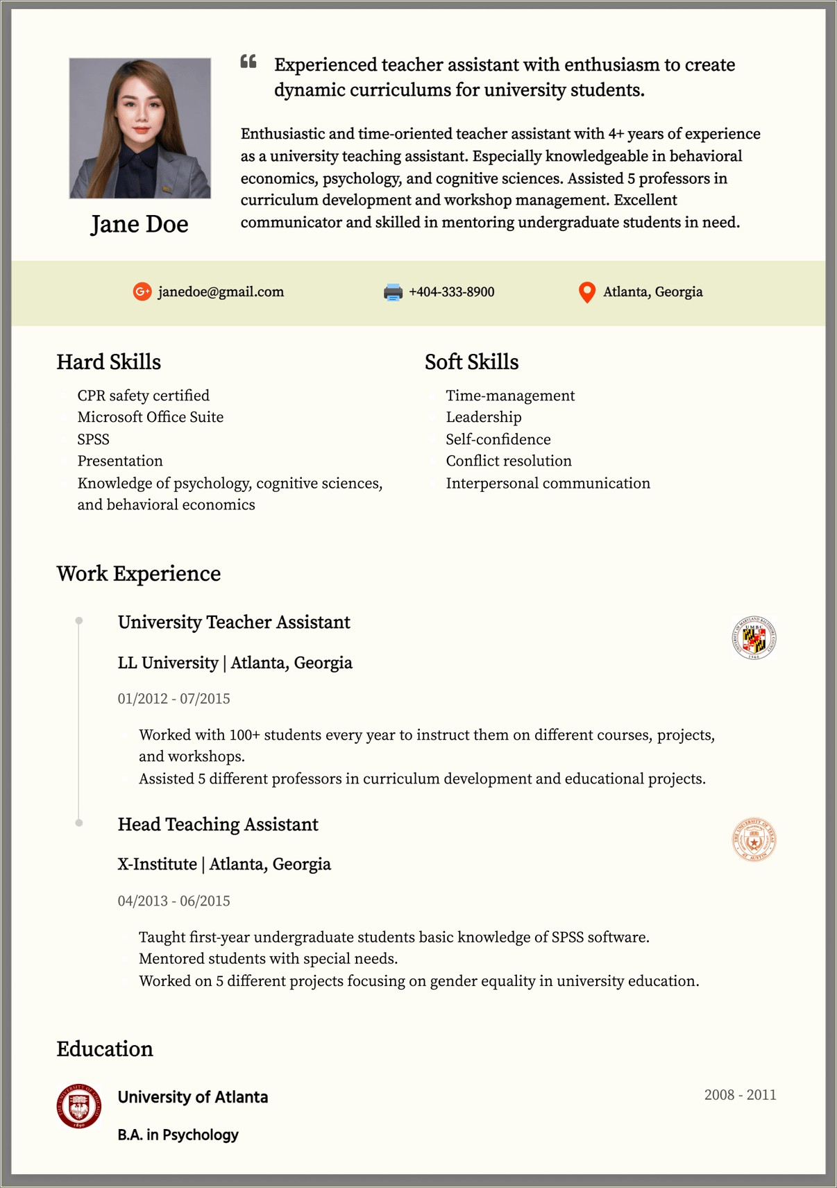 Sample Of Good Resume For Teaching Job
