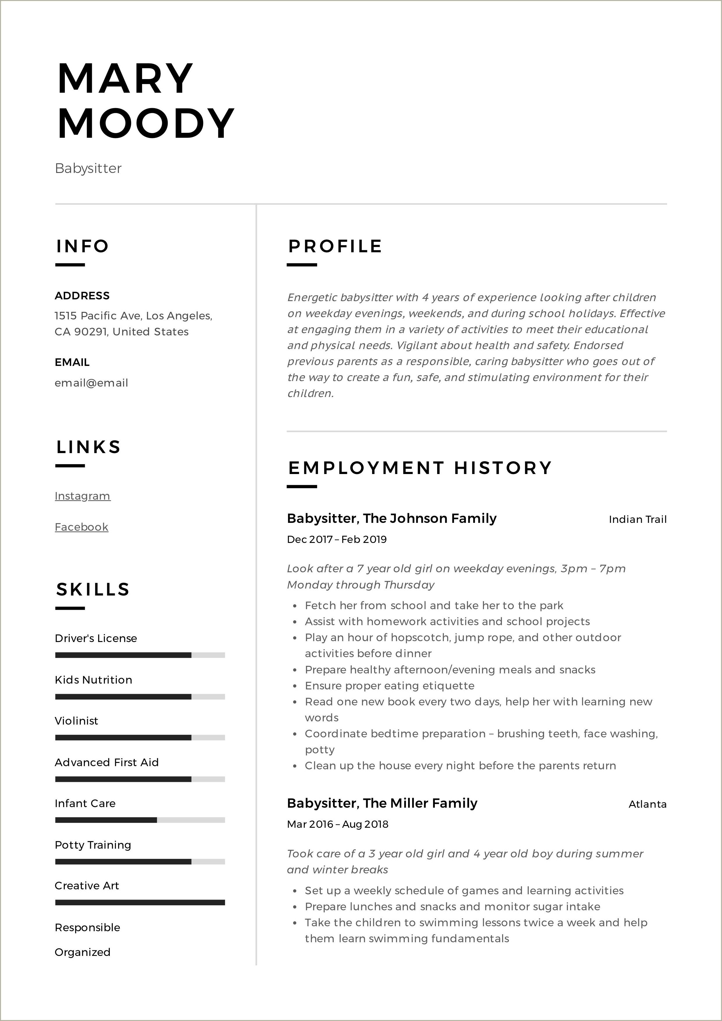 Sample Of Good Summary For Babysitter Resume