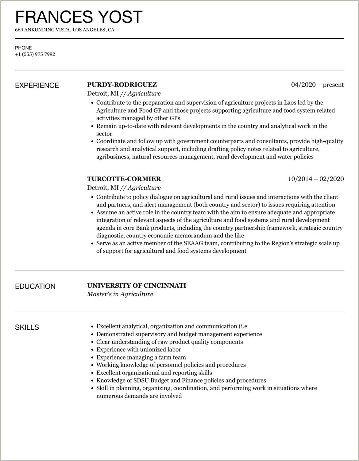 Sample Of Hands On Farming Resume