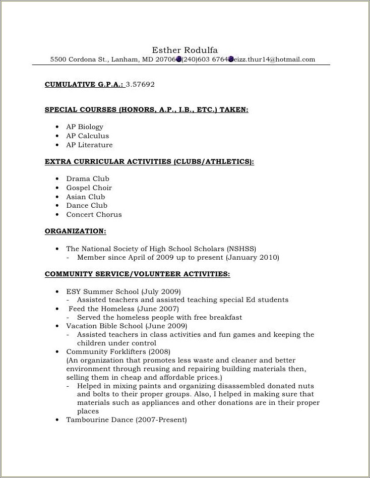 Sample Of High School Activities Resume