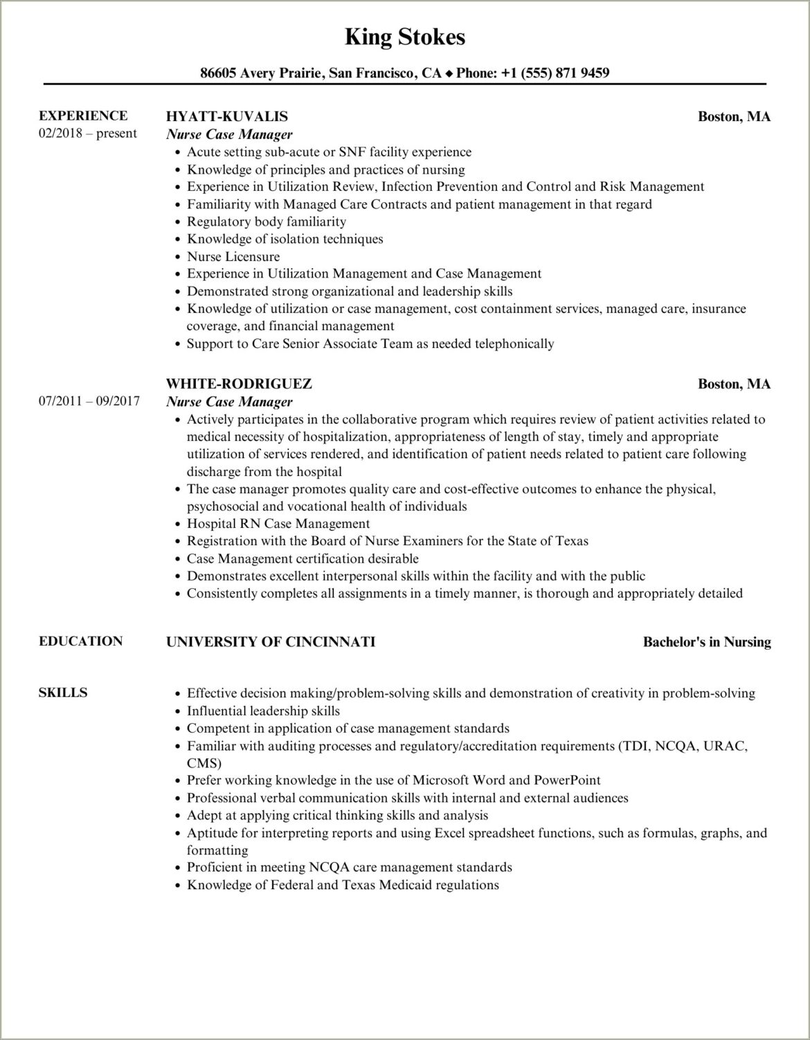 Sample Of Hospice Case Manager Resume