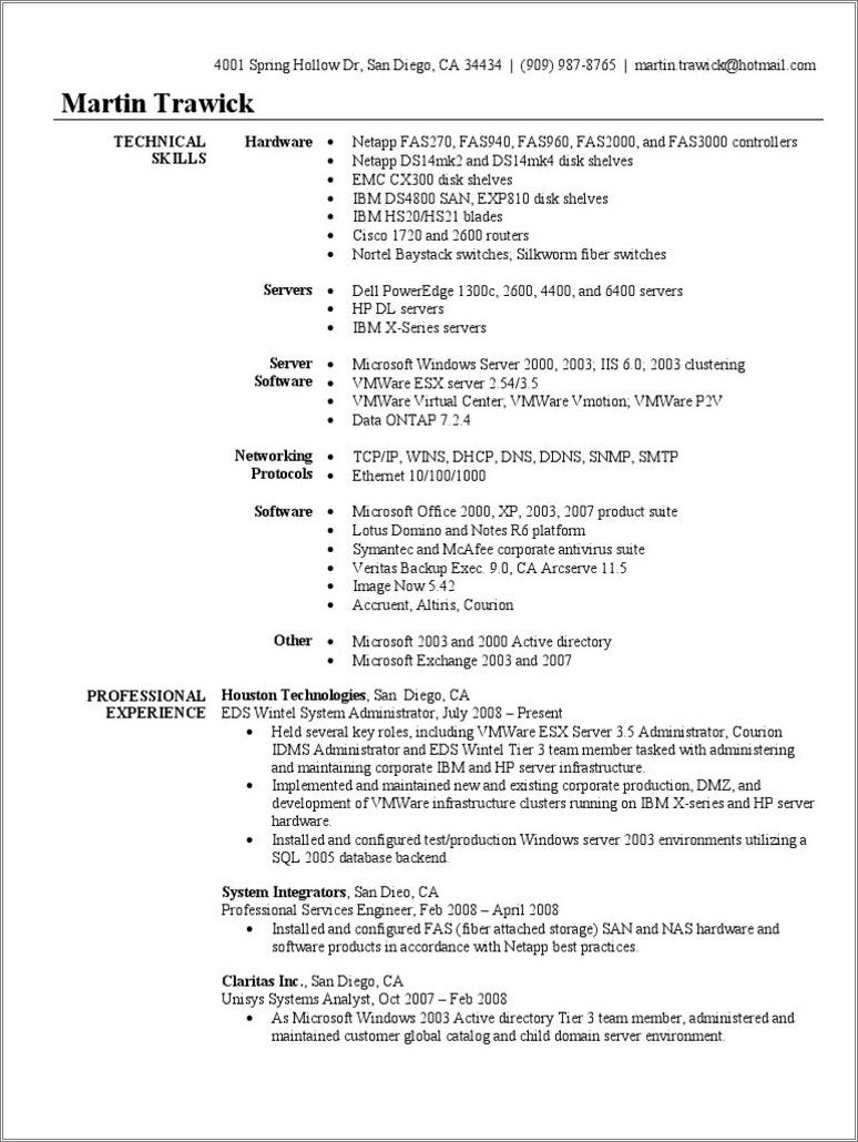 Sample Of Ibm Resume For Vmware