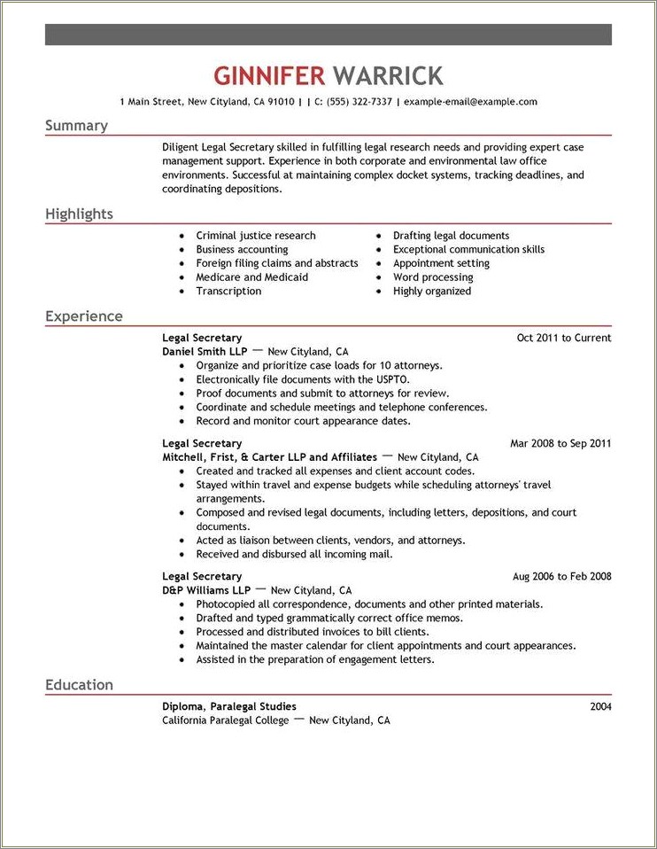 Sample Of Legal Administrative Assistant Resume