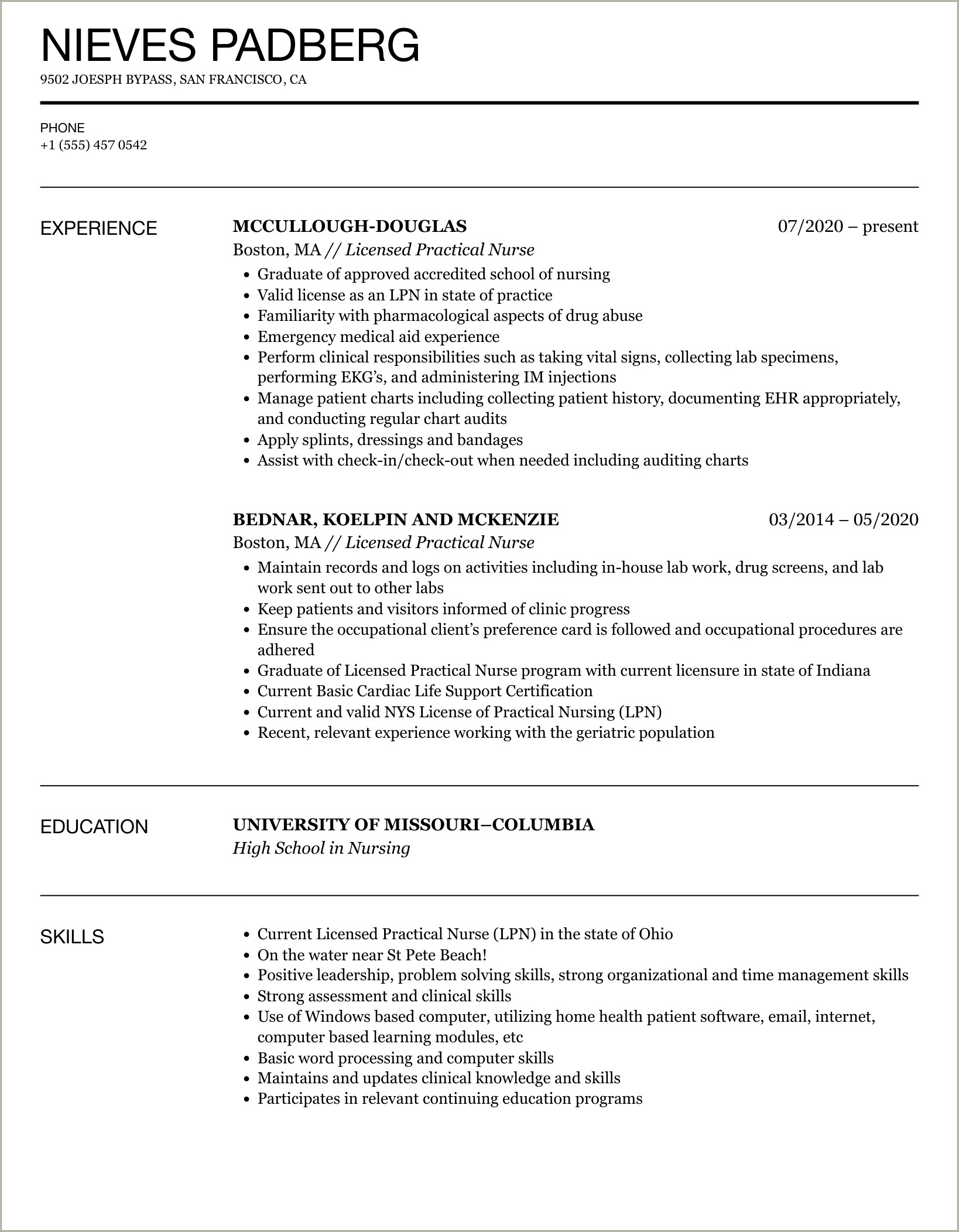 Sample Of Licensed Practical Nurse Resume