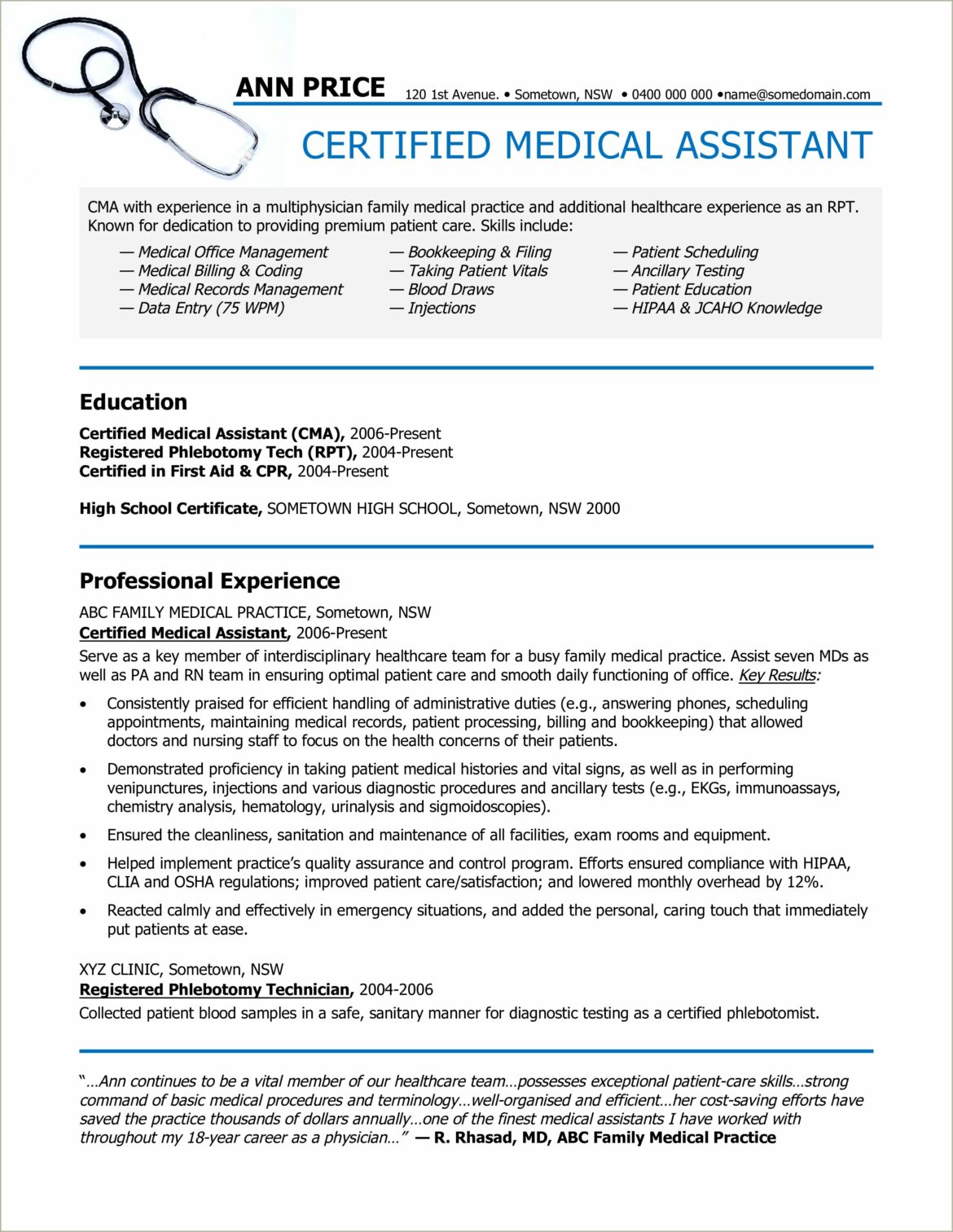 Sample Of Medical Office Assistant Resume