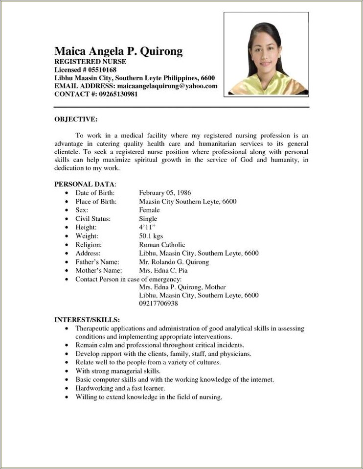 Sample Of Nurse Resume In Philippines