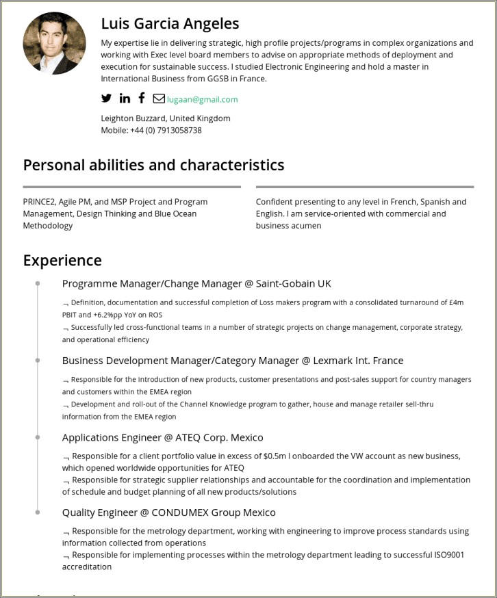 Sample Of Personal Characteristics In Resume