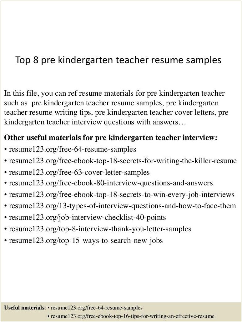Sample Of Pre K Teacher Resume