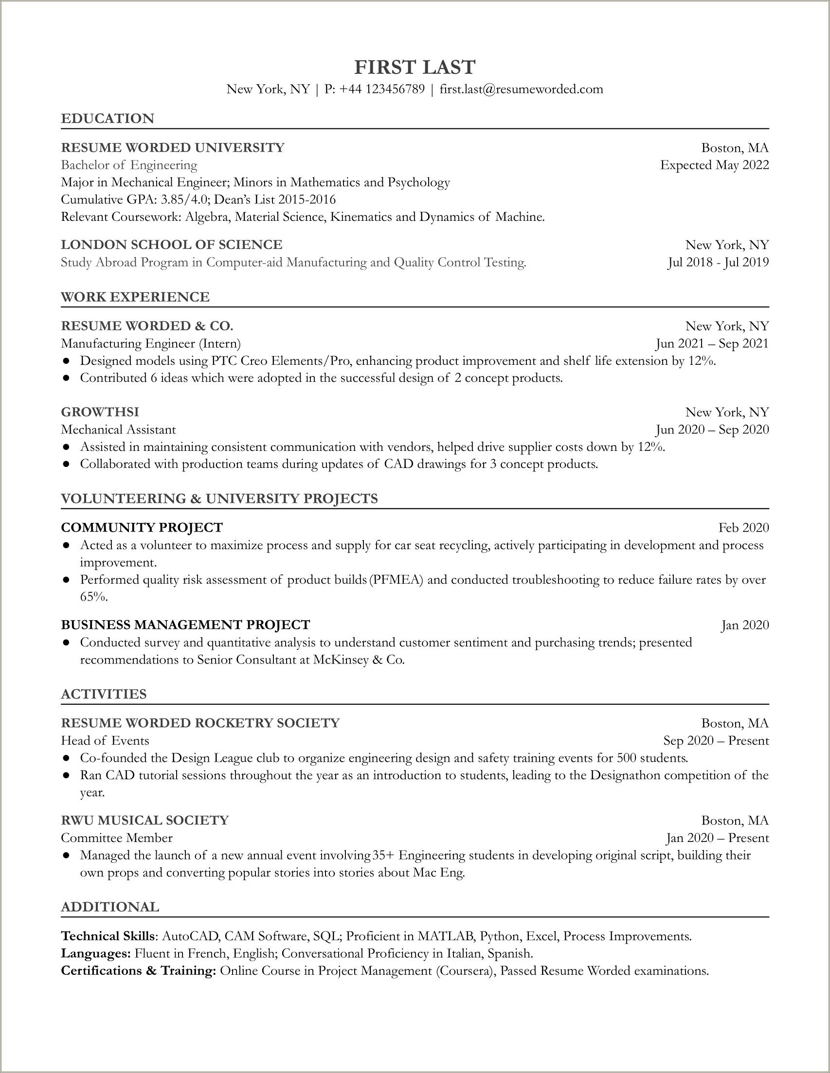 Sample Of Professional Manufacturing Engineer Resume