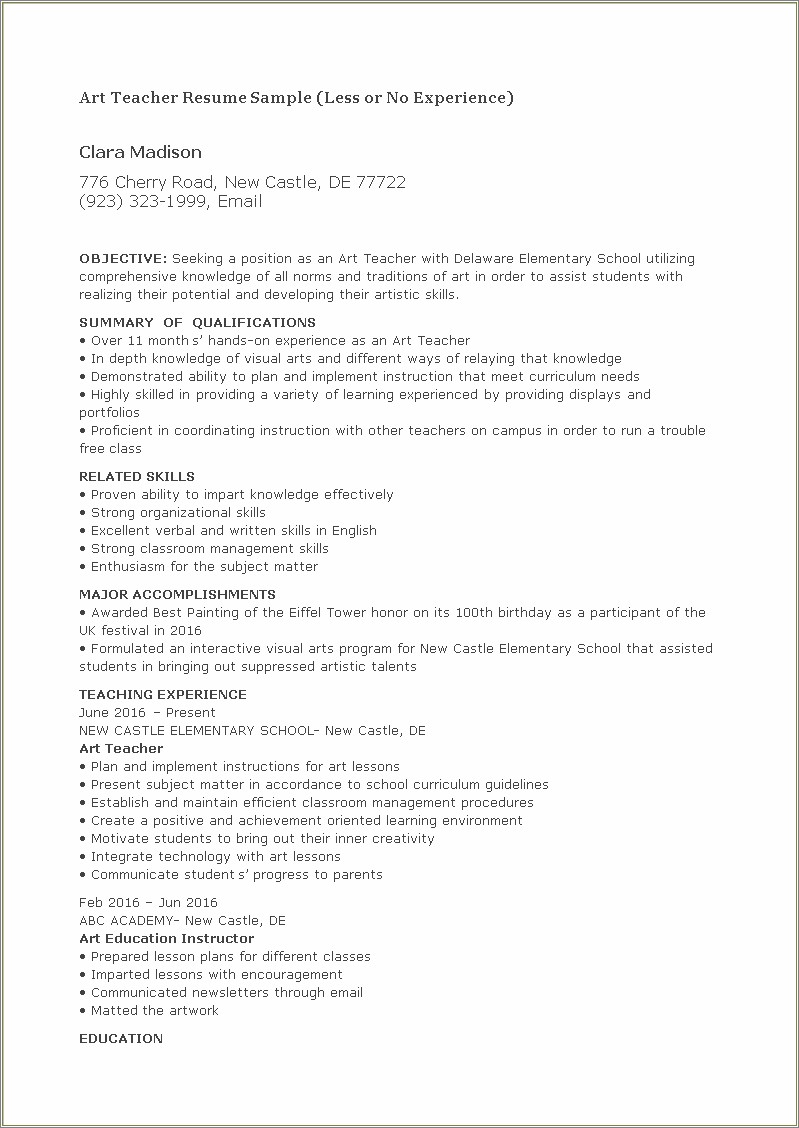 Sample Of Prospective Teacher Resume With No Experience