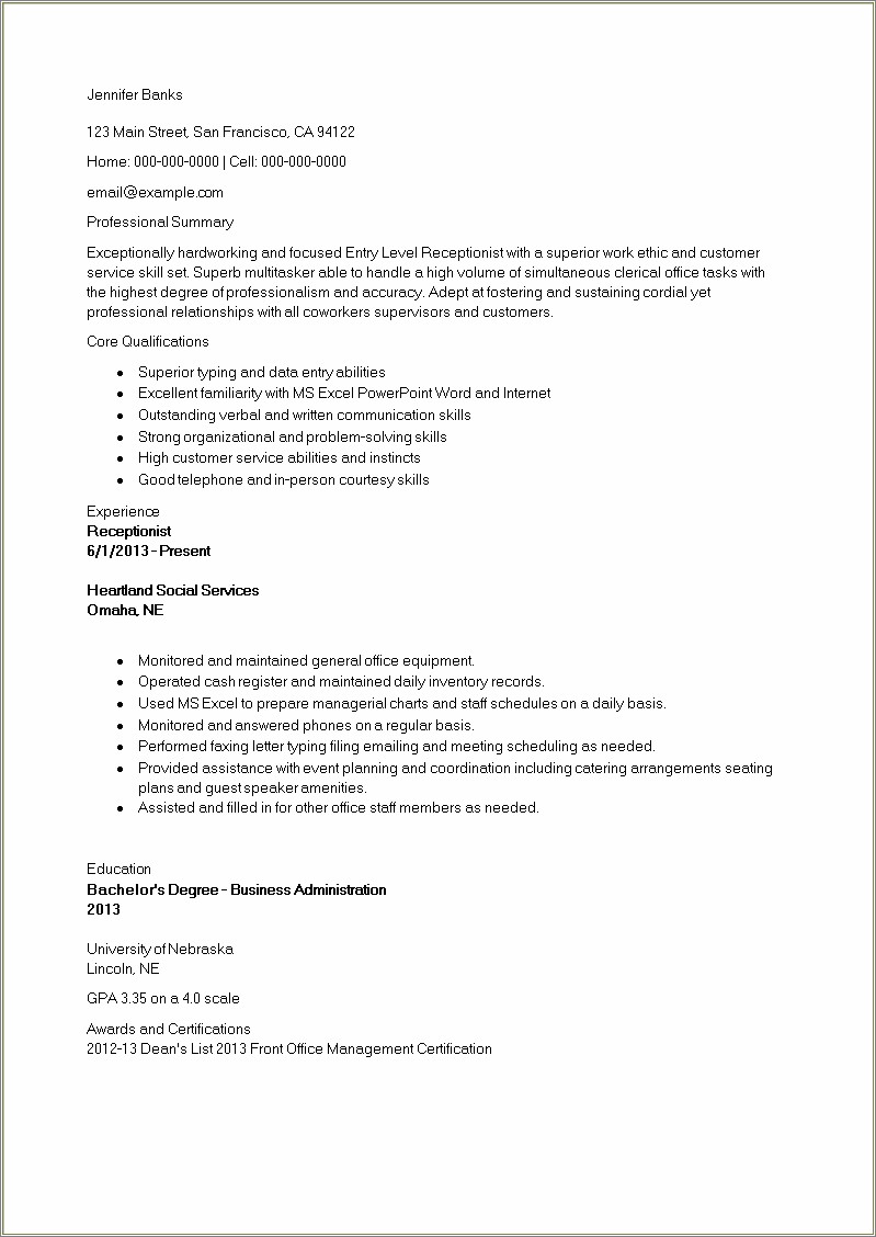 Sample Of Receptionist Resume In Office