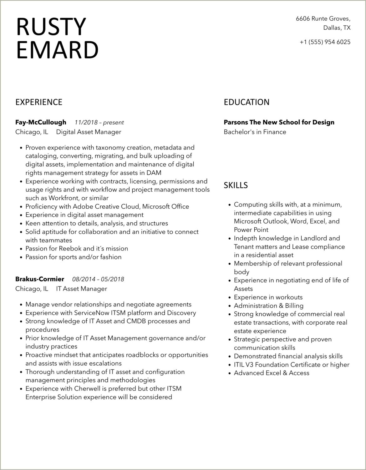 Sample Of Reo Asset Manager Resume