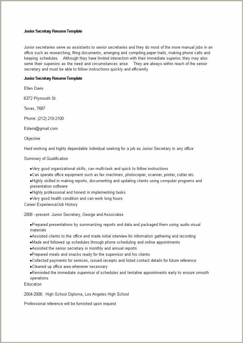 Sample Of Resume As A Secretary