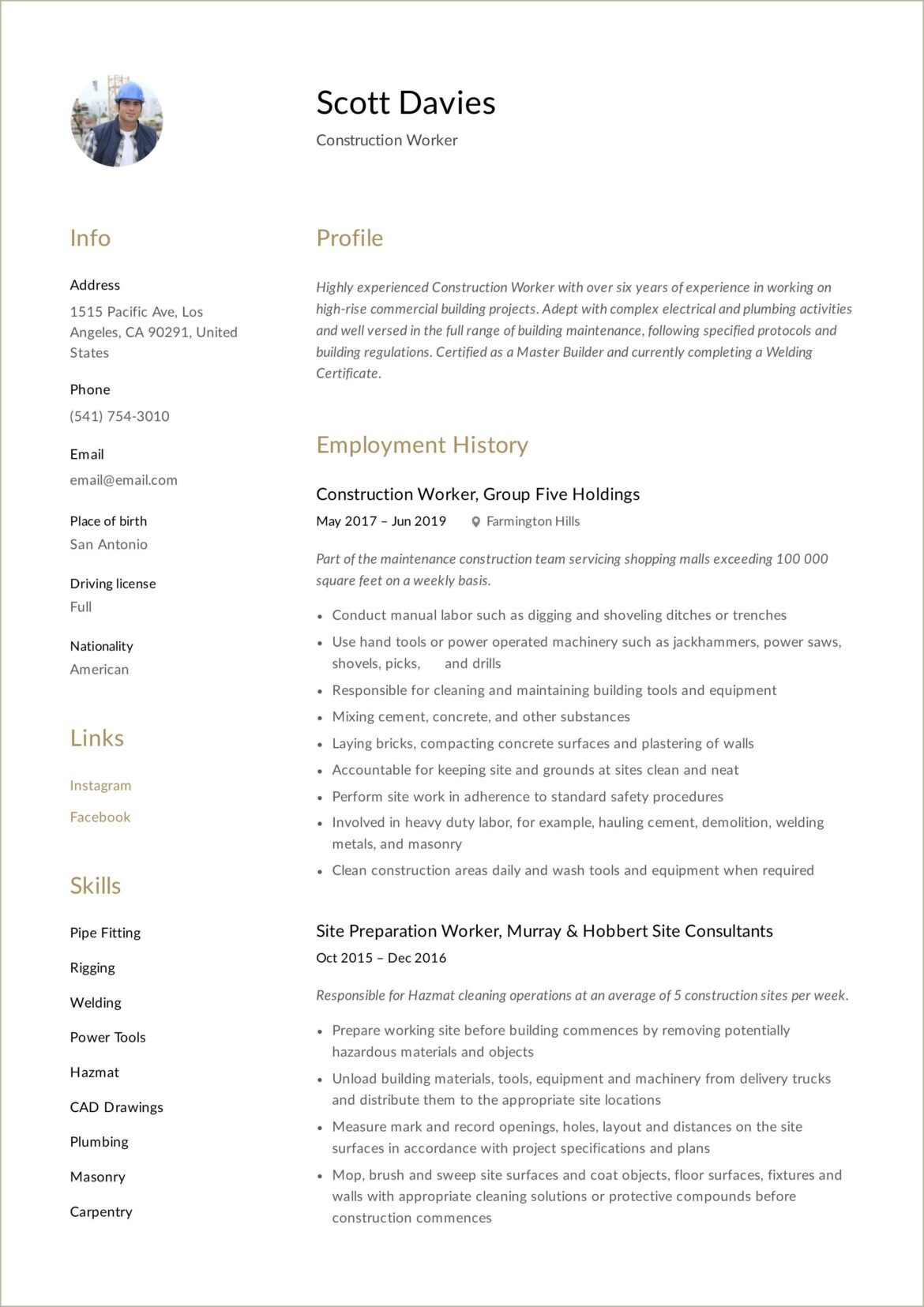 Sample Of Resume Duties For Construction Worker