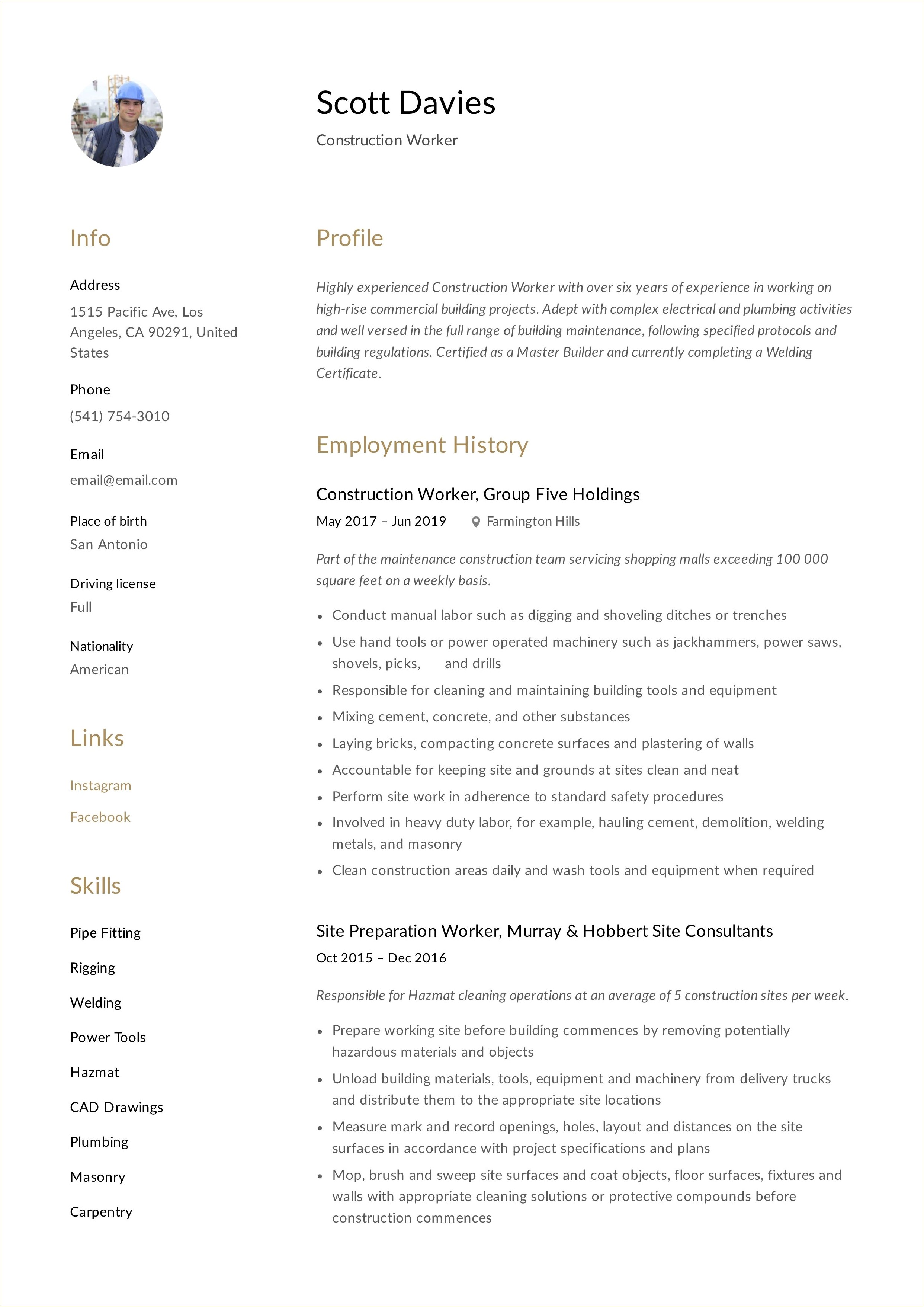 Sample Of Resume Duties For Construction Worker