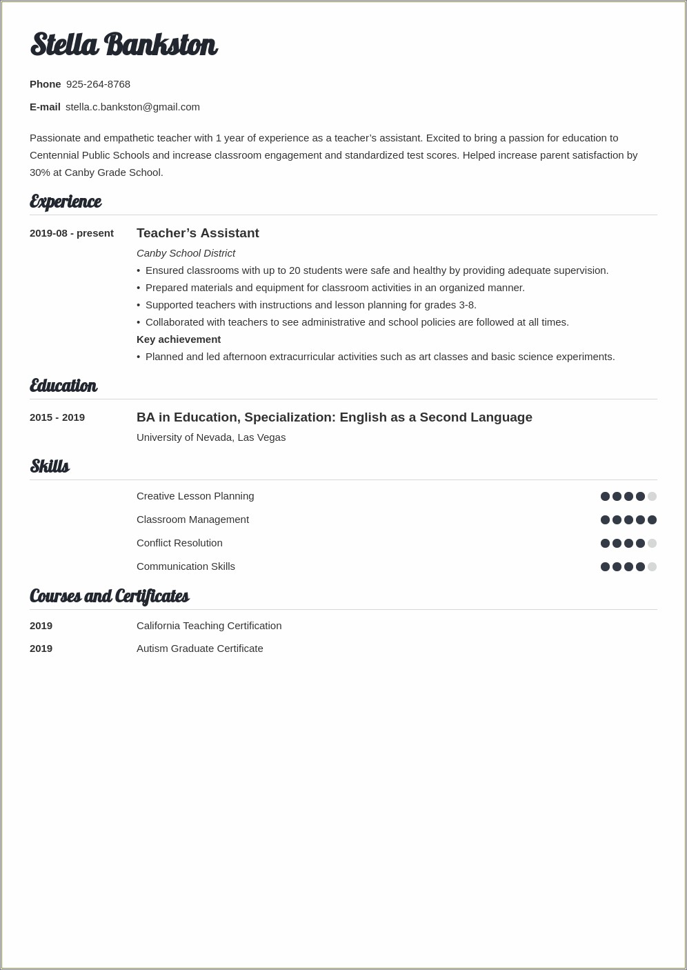 Sample Of Resume For Applying Teaching Job
