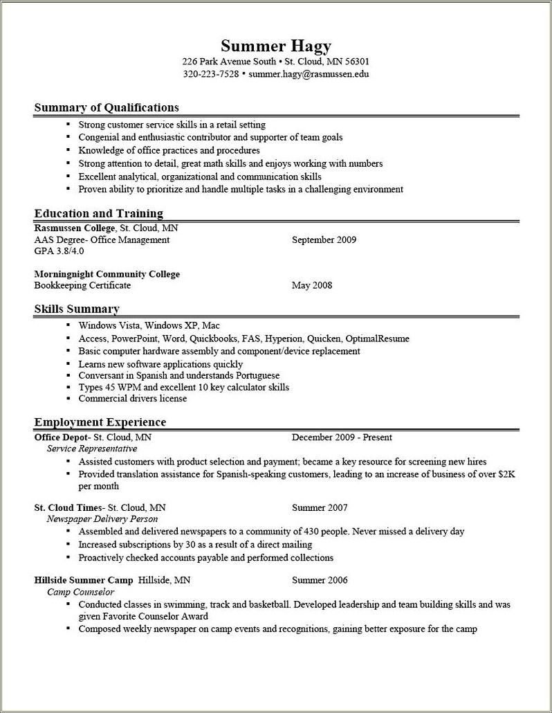 Sample Of Resume For Camp Counselor