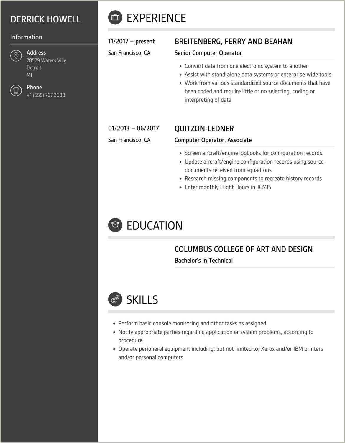 Sample Of Resume For Computer Operator